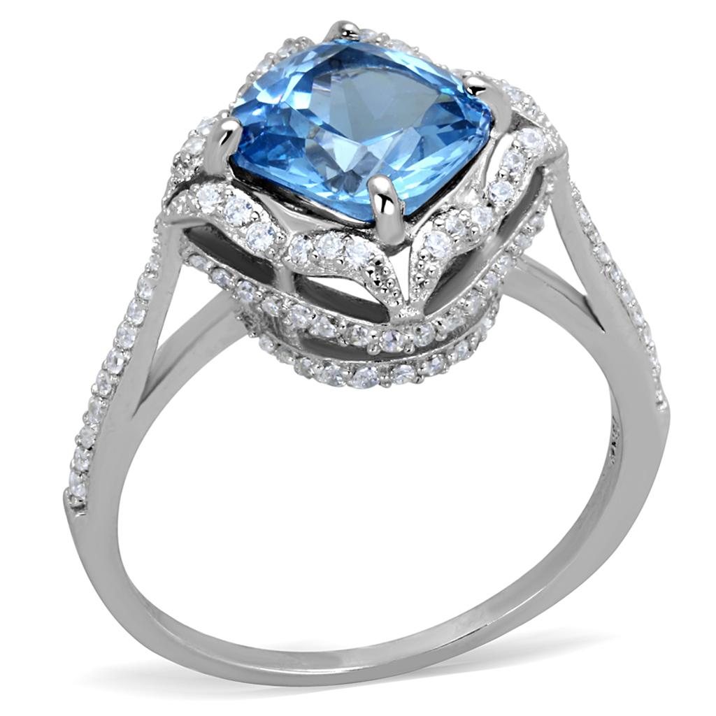 Rhodium 925 Sterling Silver Ring with Synthetic Spinel in Sea Blue