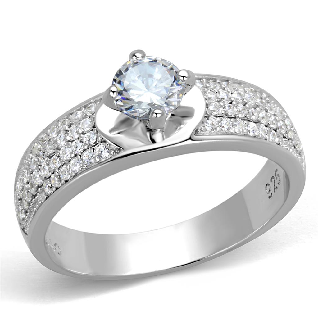 Rhodium 925 Sterling Silver Ring with AAA Grade CZ  in Clear