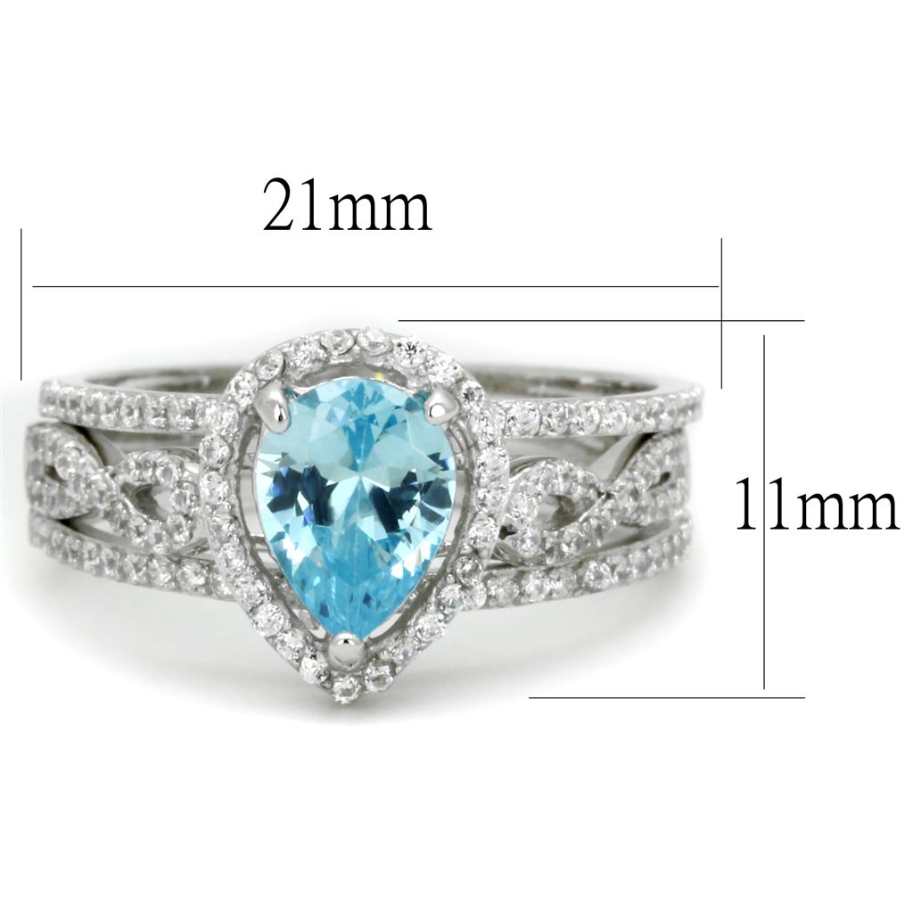 Rhodium 925 Sterling Silver Ring with AAA Grade CZ  in Sea Blue