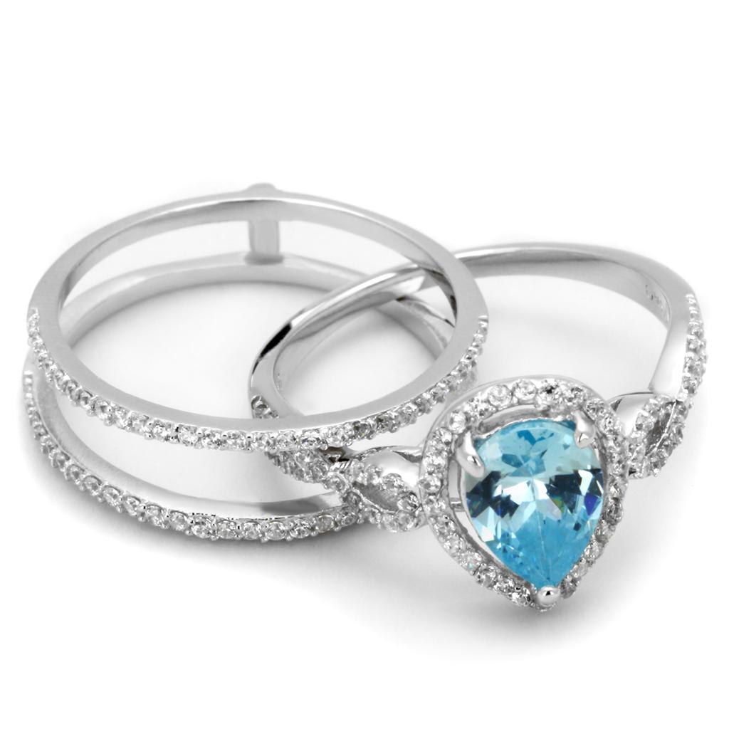 Rhodium 925 Sterling Silver Ring with AAA Grade CZ  in Sea Blue