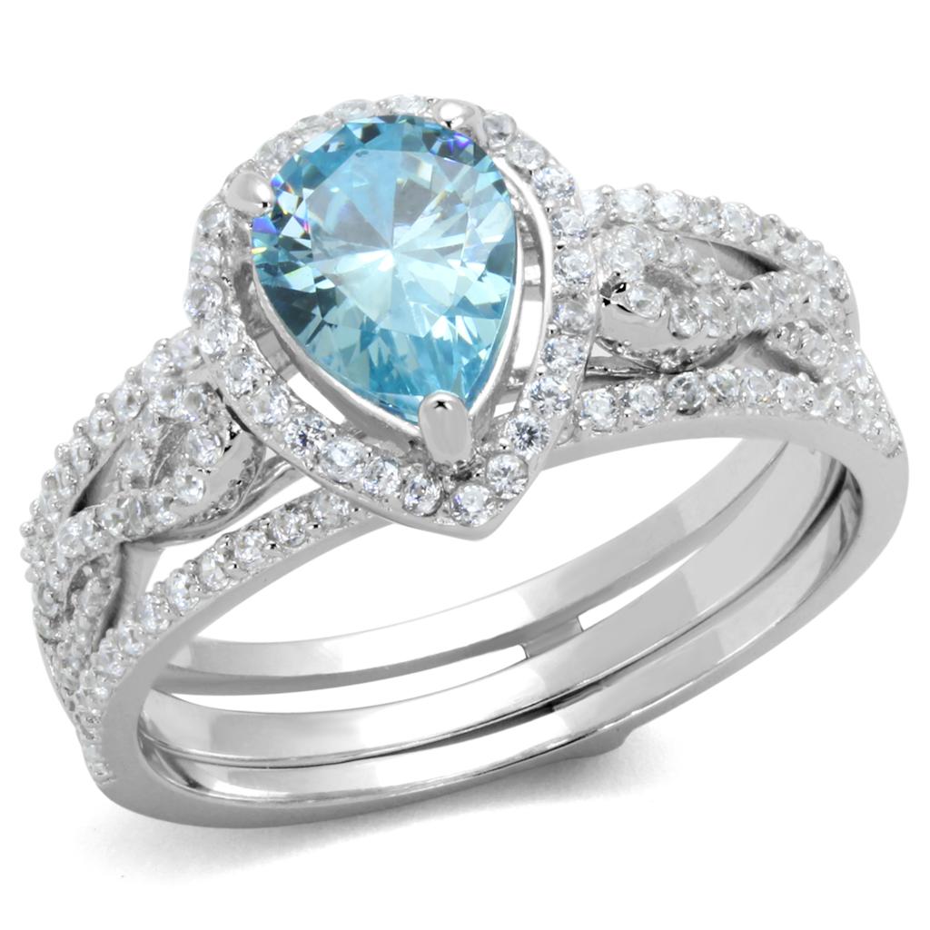 Rhodium 925 Sterling Silver Ring with AAA Grade CZ  in Sea Blue