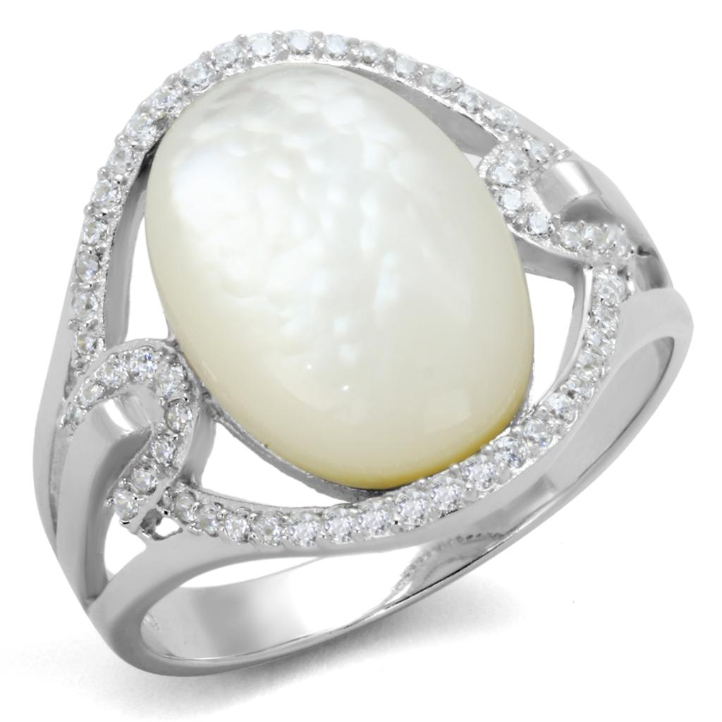 Rhodium 925 Sterling Silver Ring with Precious Stone Conch in White