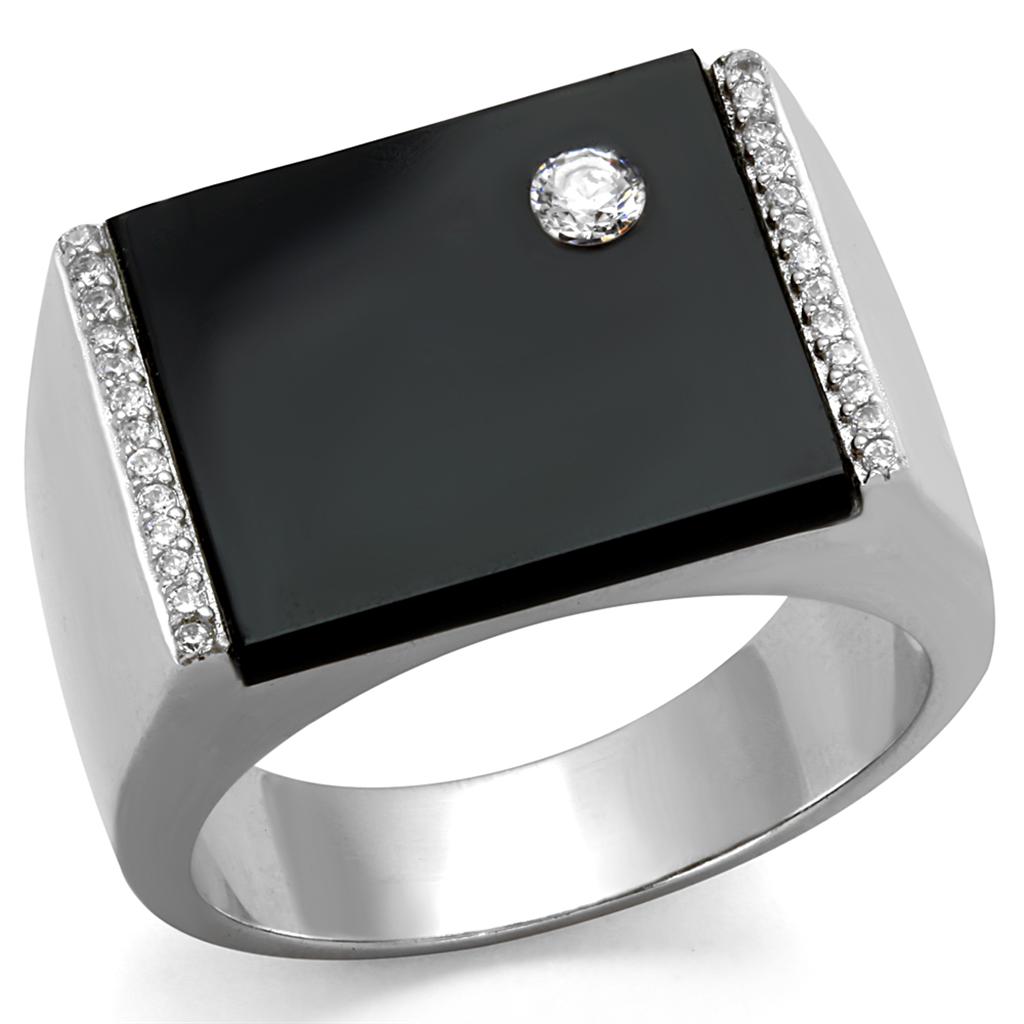 Rhodium 925 Sterling Silver Ring with Synthetic Onyx in Jet