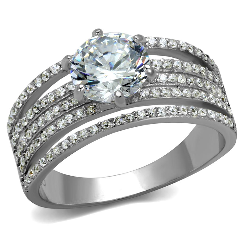 Rhodium 925 Sterling Silver Ring with AAA Grade CZ  in Clear