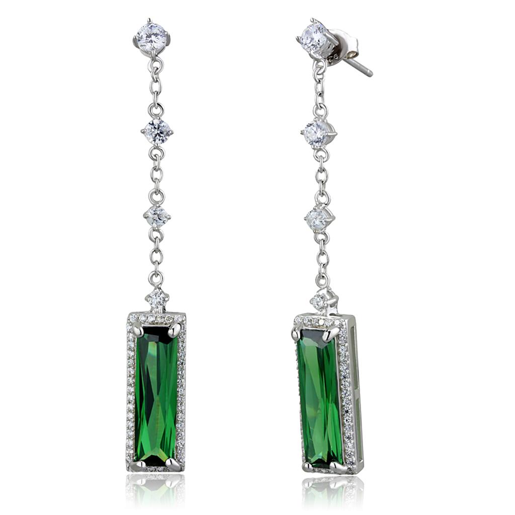 Rhodium 925 Sterling Silver Earrings with AAA Grade CZ  in Emerald