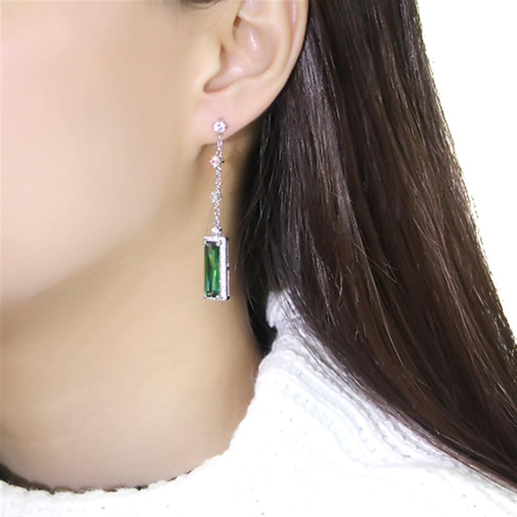 Rhodium 925 Sterling Silver Earrings with AAA Grade CZ  in Emerald