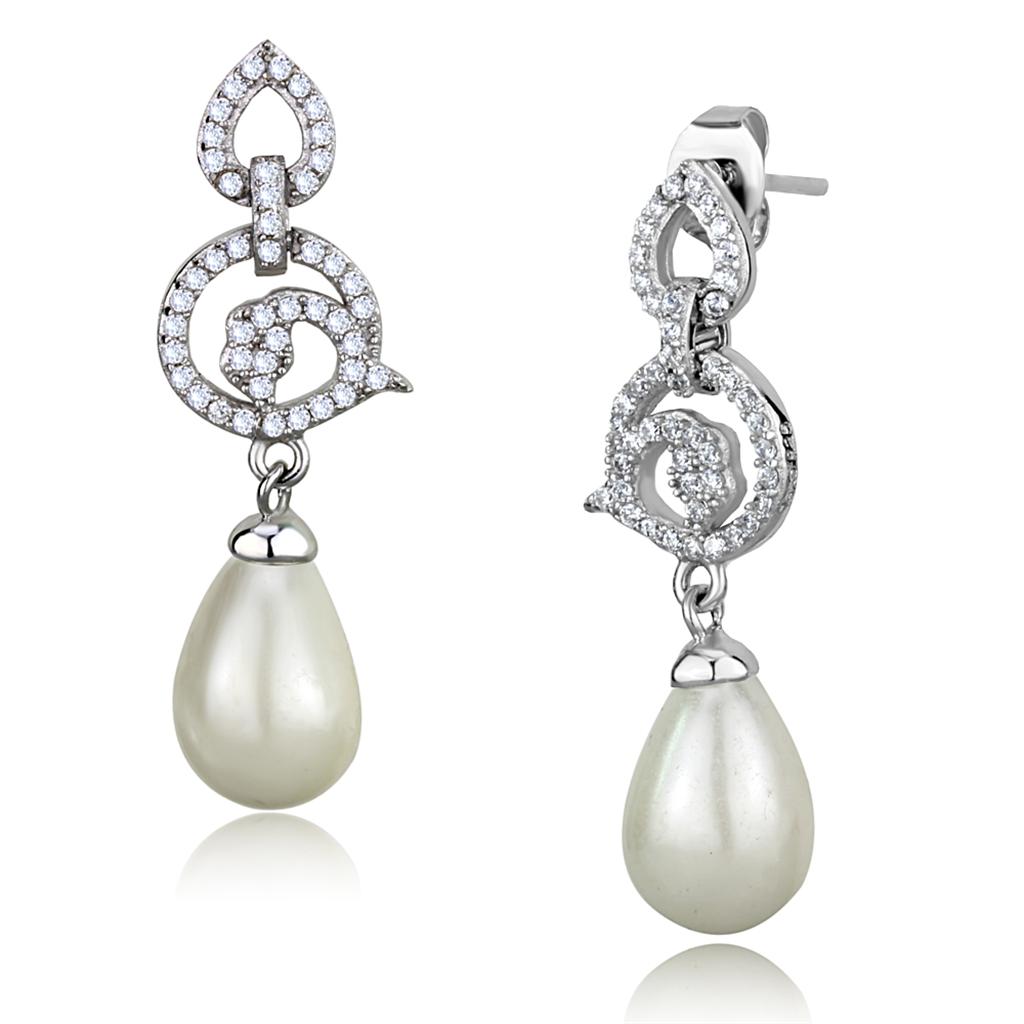Rhodium 925 Sterling Silver Earrings with Synthetic Pearl in Citrine Yellow