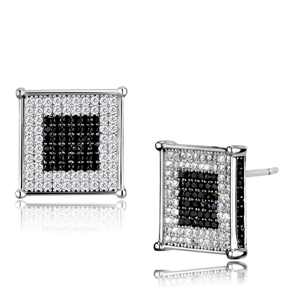 Rhodium + Ruthenium 925 Sterling Silver Earrings with AAA Grade CZ  in Black Diamond