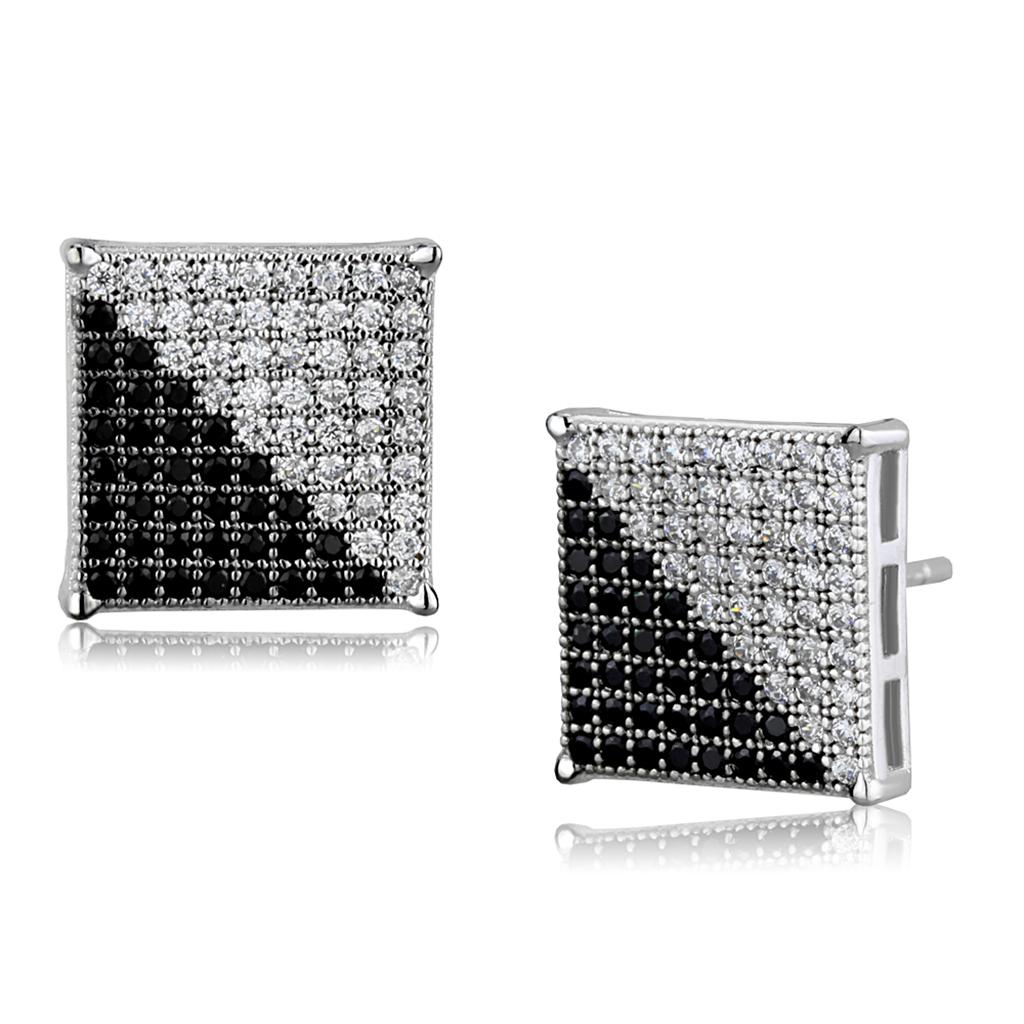 Rhodium + Ruthenium 925 Sterling Silver Earrings with AAA Grade CZ  in Black Diamond