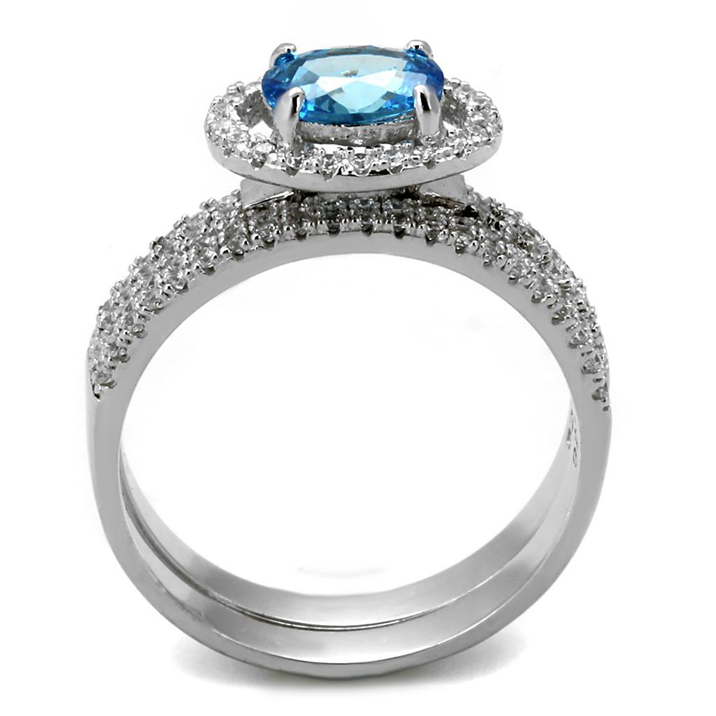 Rhodium 925 Sterling Silver Ring with AAA Grade CZ  in Sea Blue
