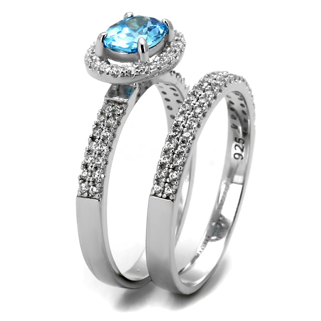 Rhodium 925 Sterling Silver Ring with AAA Grade CZ  in Sea Blue