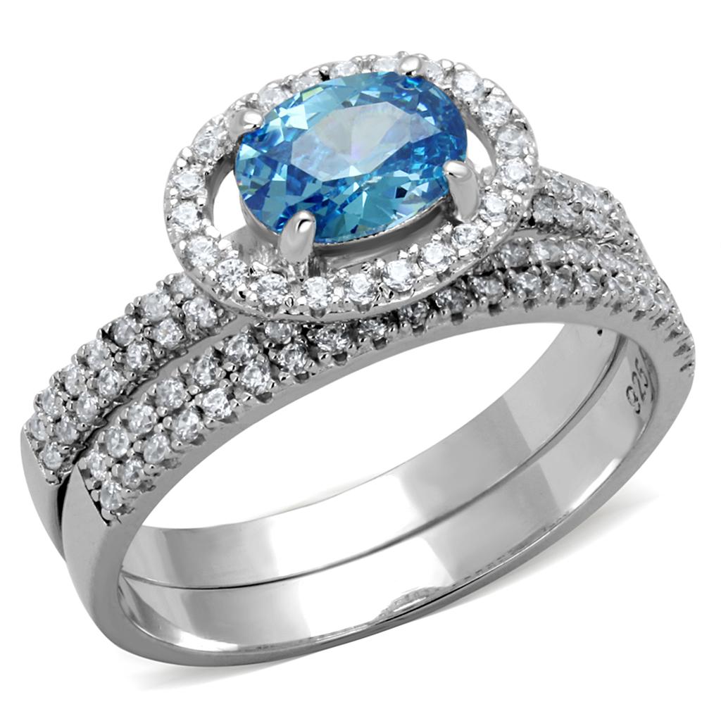 Rhodium 925 Sterling Silver Ring with AAA Grade CZ  in Sea Blue