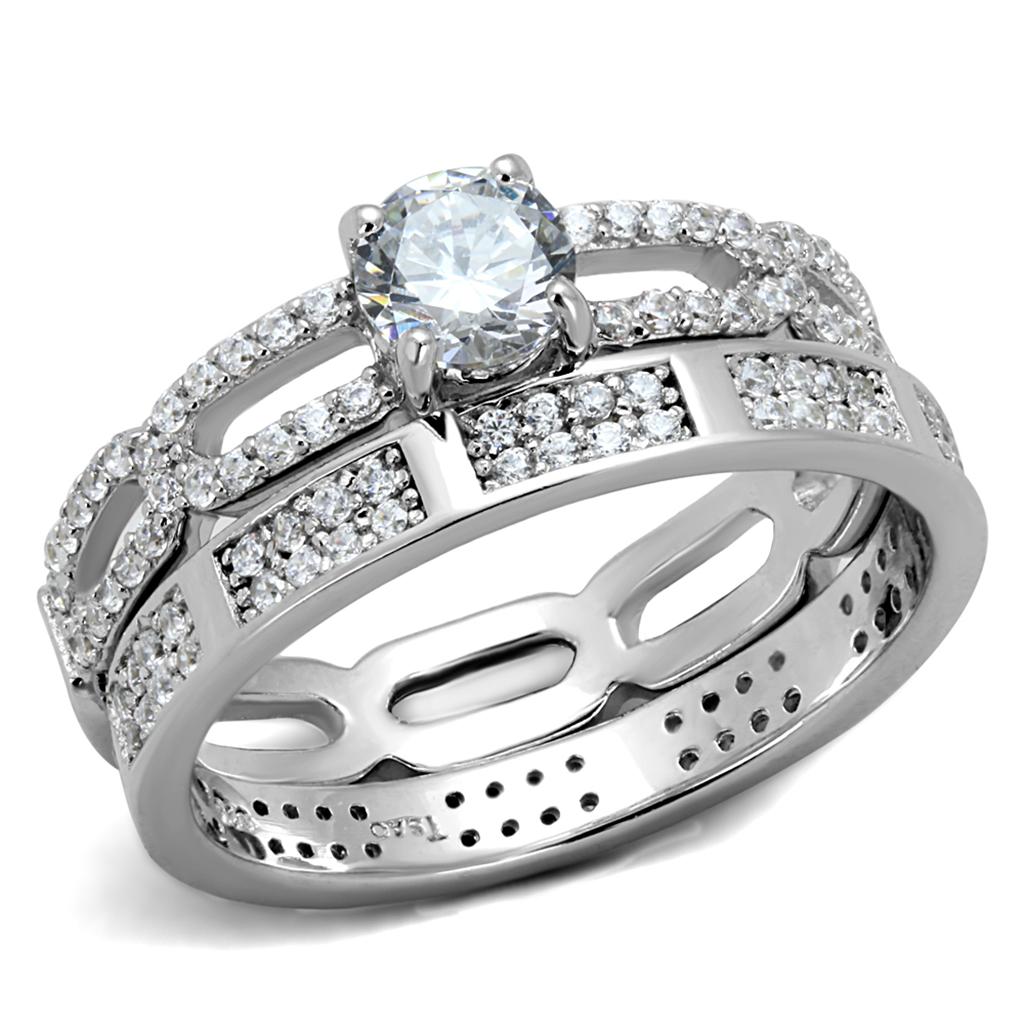 Rhodium 925 Sterling Silver Ring with AAA Grade CZ  in Clear