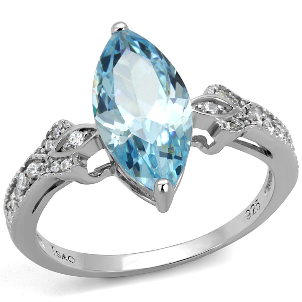 Rhodium 925 Sterling Silver Ring with AAA Grade CZ  in Sea Blue