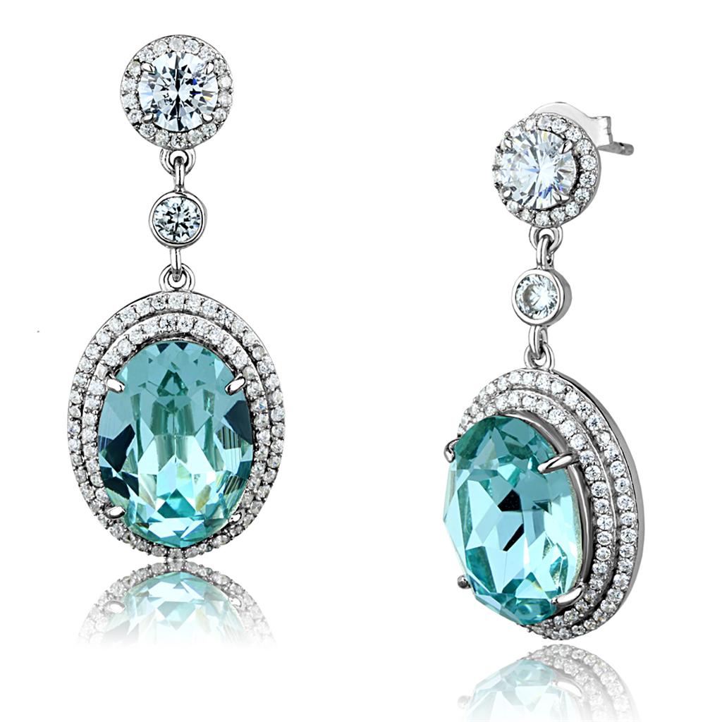 Rhodium 925 Sterling Silver Earrings with Top Grade Crystal  in Sea Blue