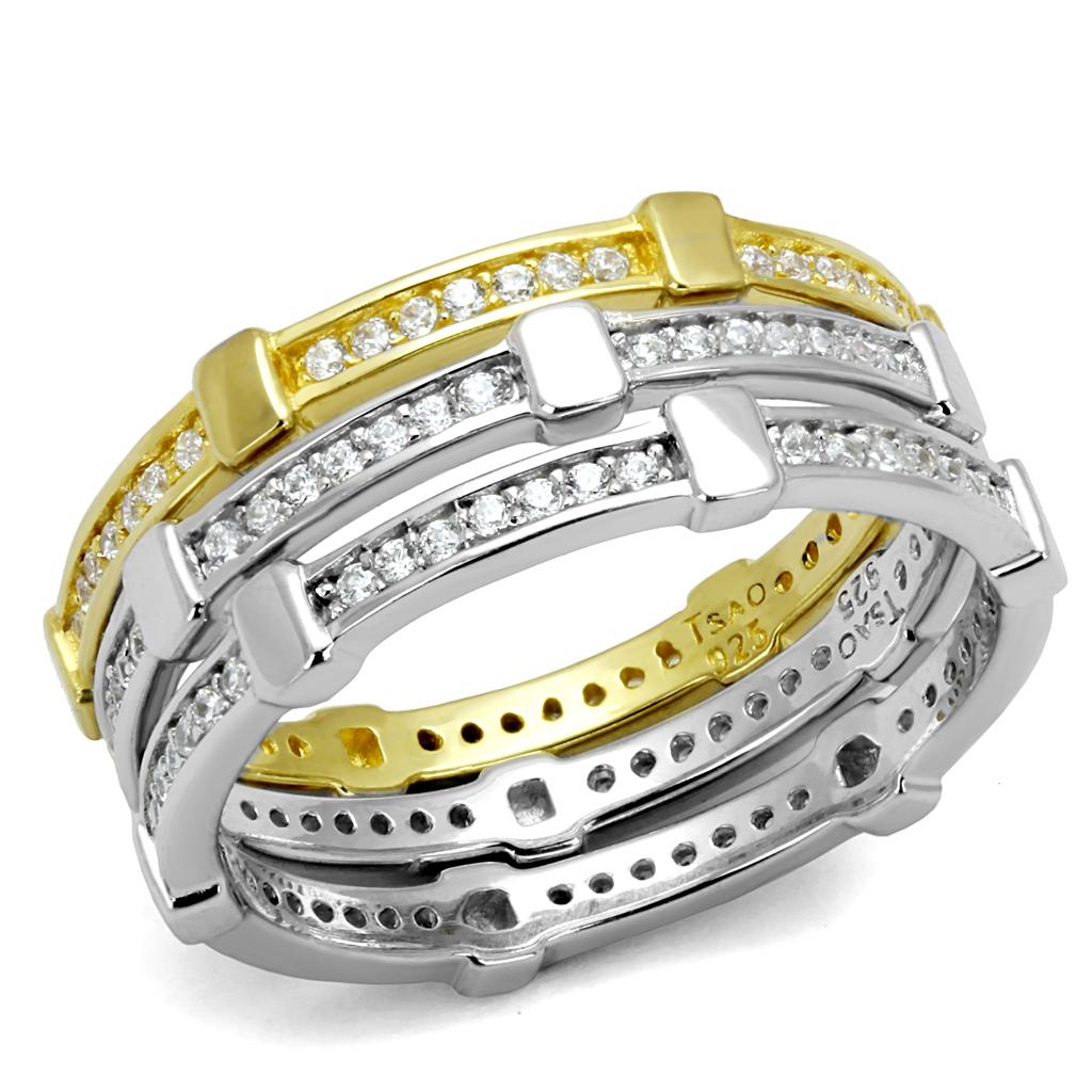 Gold+Rhodium 925 Sterling Silver Ring with AAA Grade CZ  in Clear