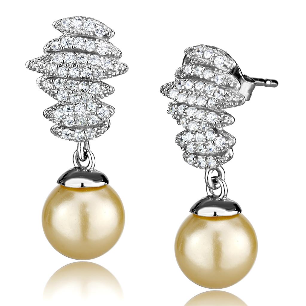 Rhodium 925 Sterling Silver Earrings with Synthetic Pearl in Topaz