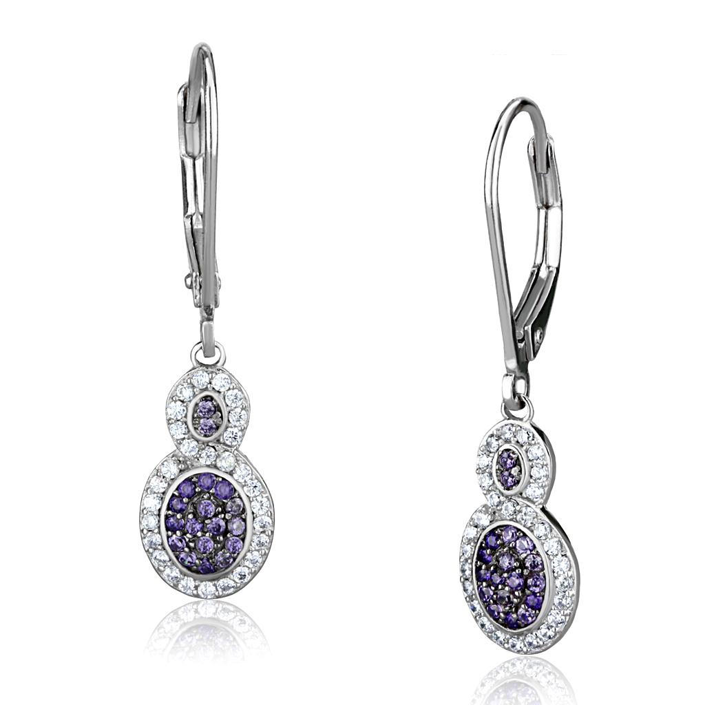 Rhodium + Ruthenium 925 Sterling Silver Earrings with AAA Grade CZ  in Amethyst
