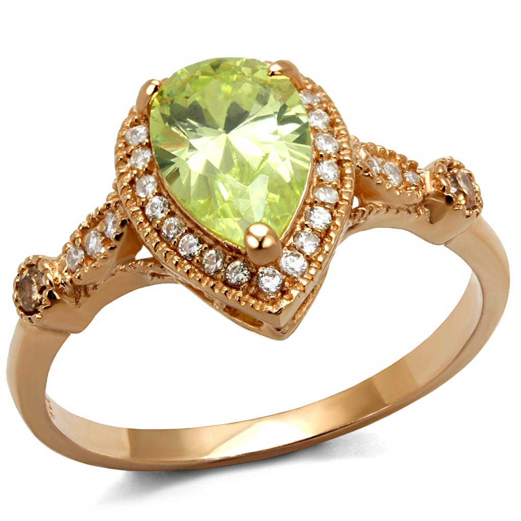 Rose Gold 925 Sterling Silver Ring with AAA Grade CZ  in Apple Green color