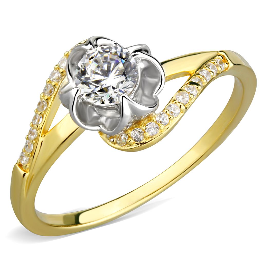 Gold+Rhodium 925 Sterling Silver Ring with AAA Grade CZ  in Clear