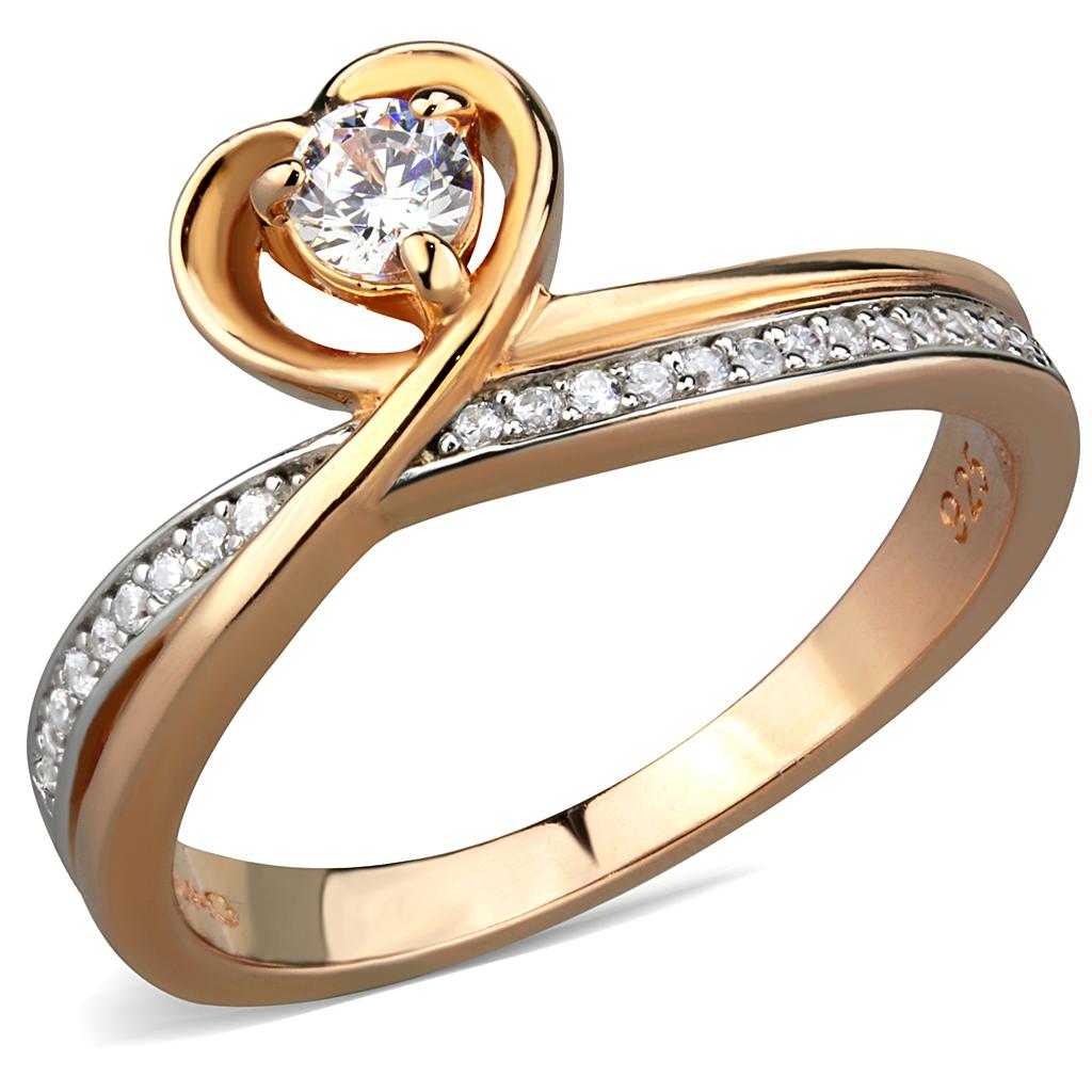 Rose Gold + Rhodium 925 Sterling Silver Ring with AAA Grade CZ  in Clear