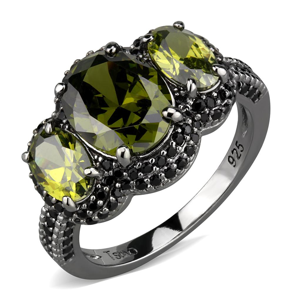 Ruthenium 925 Sterling Silver Ring with AAA Grade CZ  in Olivine color
