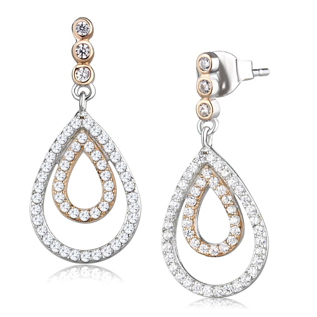 Rose Gold + Rhodium 925 Sterling Silver Earrings with AAA Grade CZ  in Clear