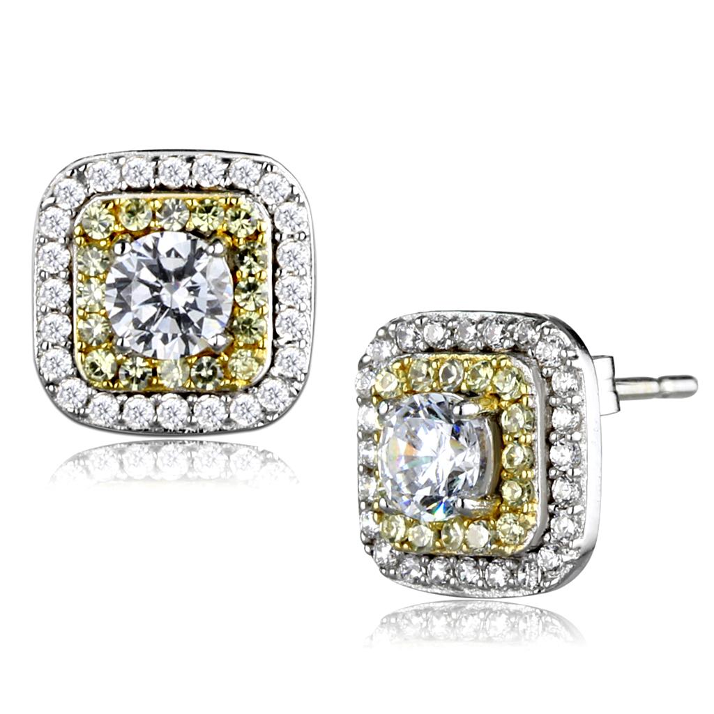 Reverse Two-Tone 925 Sterling Silver Earrings with AAA Grade CZ  in Clear