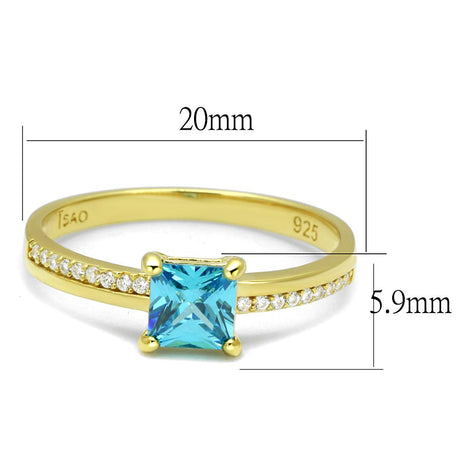 Gold 925 Sterling Silver Ring with AAA Grade CZ  in Sea Blue