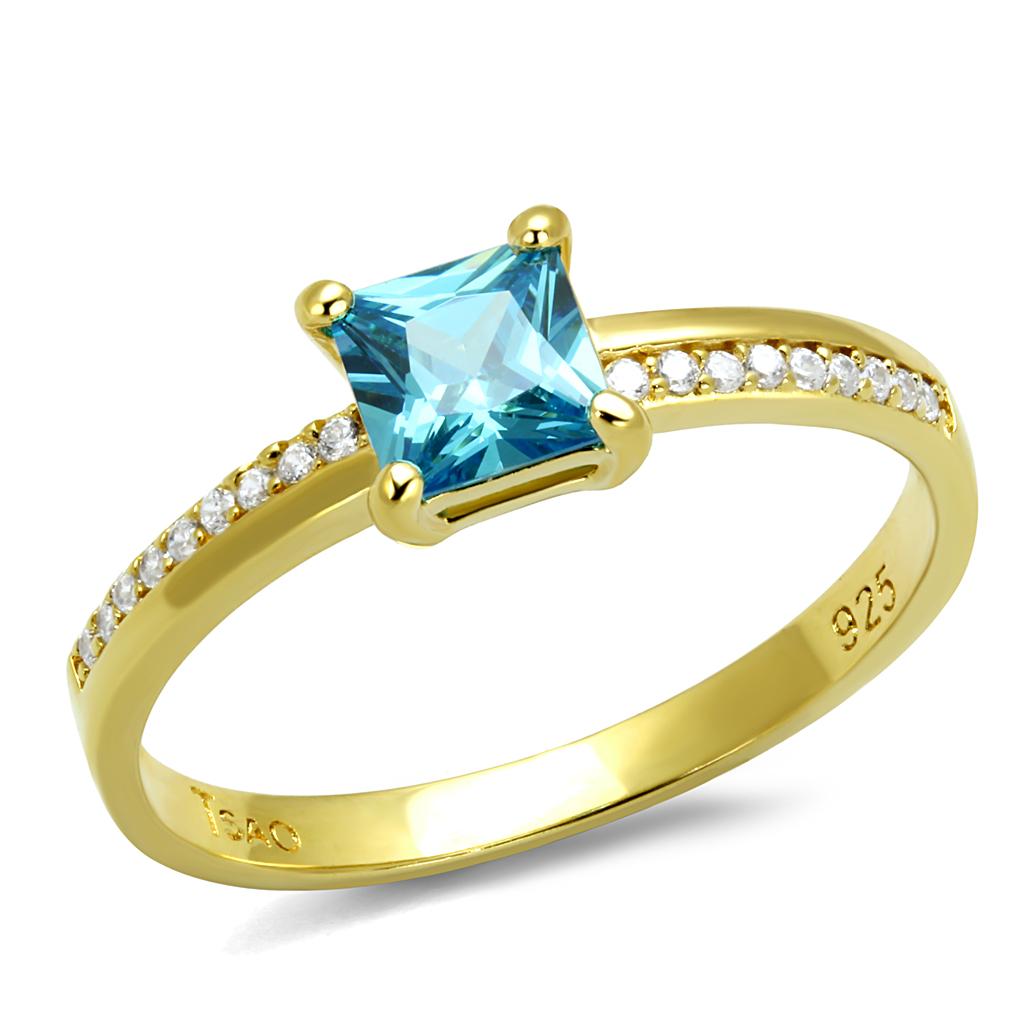 Gold 925 Sterling Silver Ring with AAA Grade CZ  in Sea Blue
