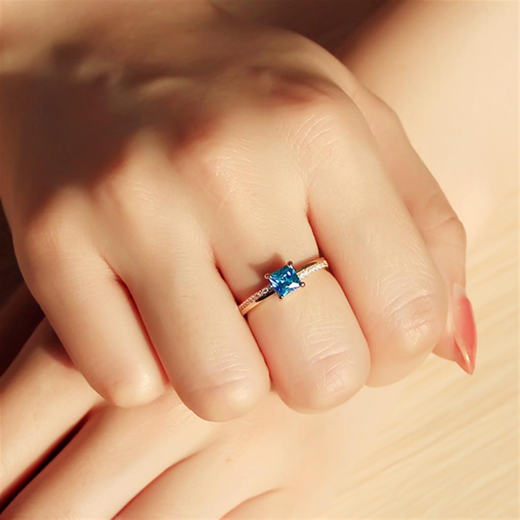 Gold 925 Sterling Silver Ring with AAA Grade CZ  in Sea Blue