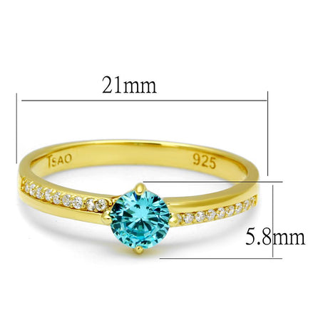Gold 925 Sterling Silver Ring with AAA Grade CZ  in Sea Blue