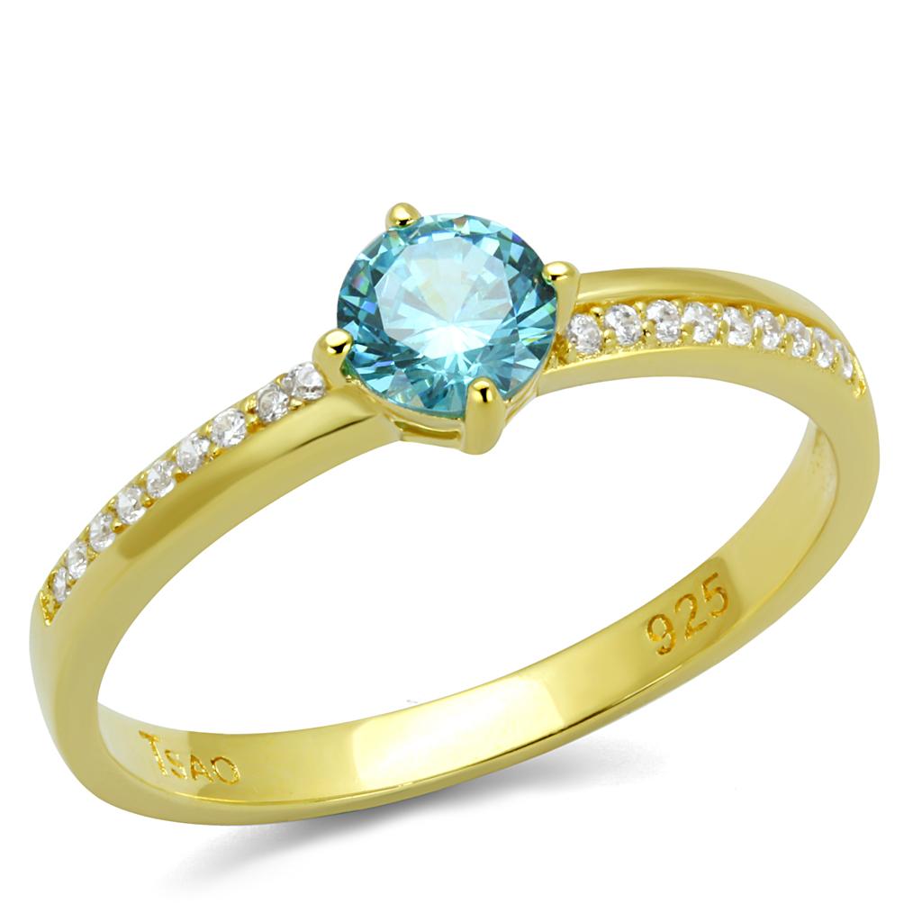 Gold 925 Sterling Silver Ring with AAA Grade CZ  in Sea Blue