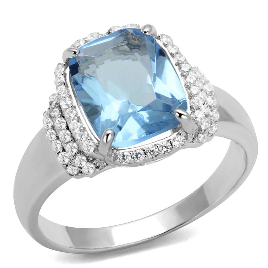 Rhodium 925 Sterling Silver Ring with Synthetic Synthetic Glass in Light Sapphire