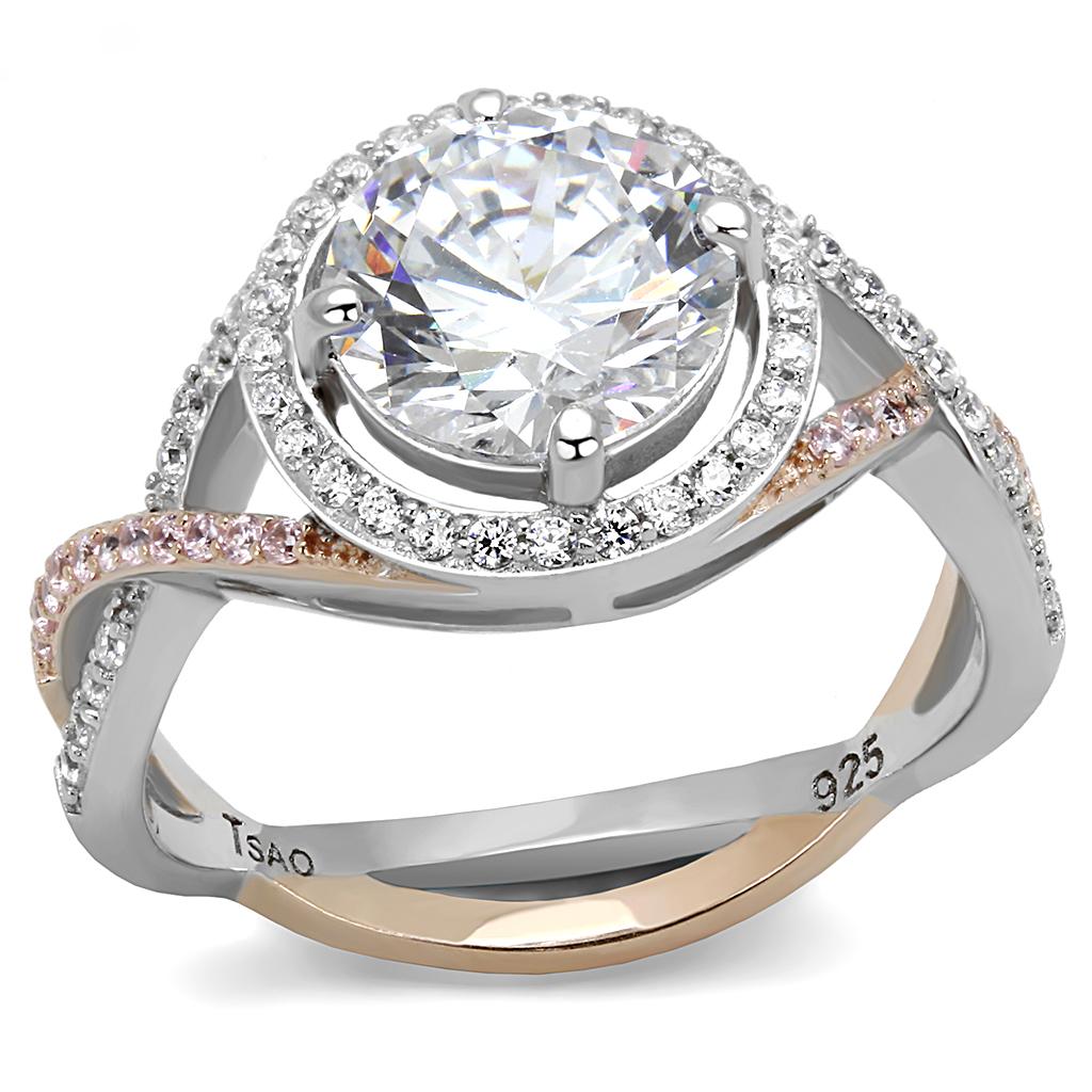 Rose Gold + Rhodium 925 Sterling Silver Ring with AAA Grade CZ  in Clear