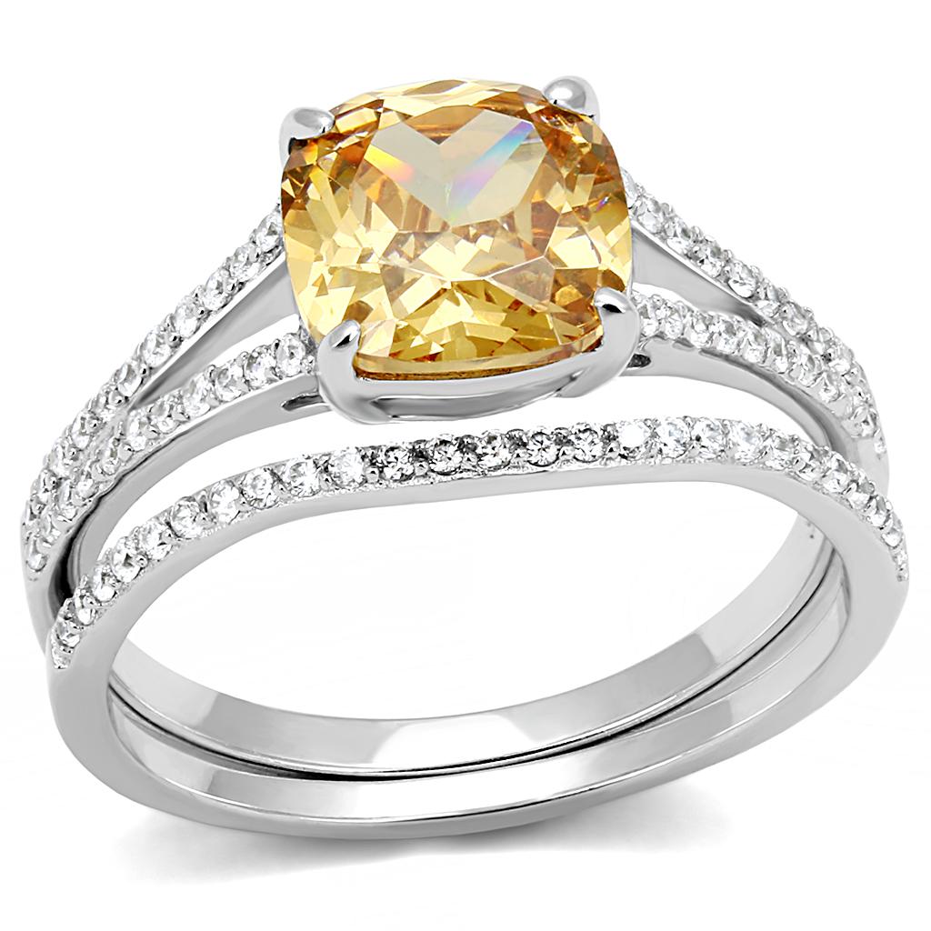 Rhodium 925 Sterling Silver Ring with AAA Grade CZ  in Champagne