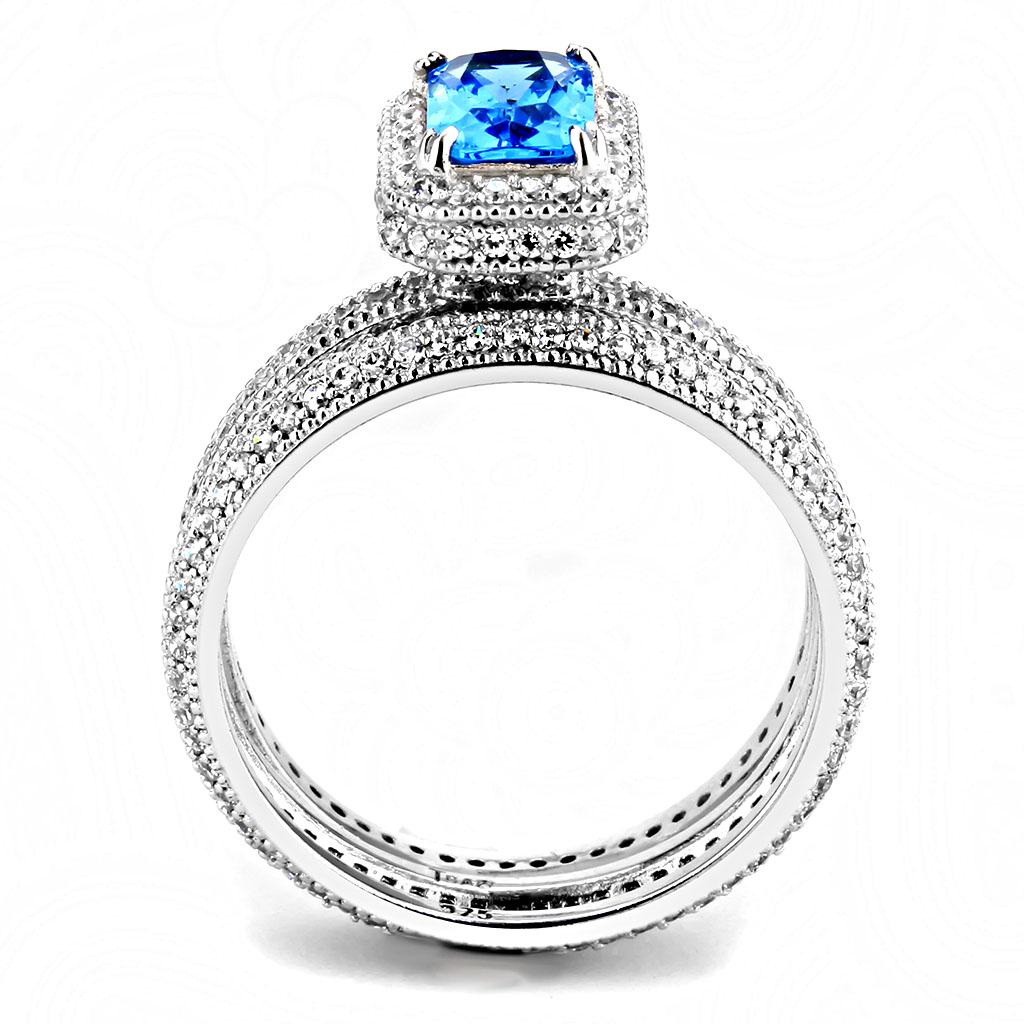 Rhodium 925 Sterling Silver Ring with Synthetic Synthetic Glass in Sea Blue