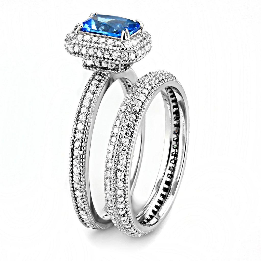 Rhodium 925 Sterling Silver Ring with Synthetic Synthetic Glass in Sea Blue