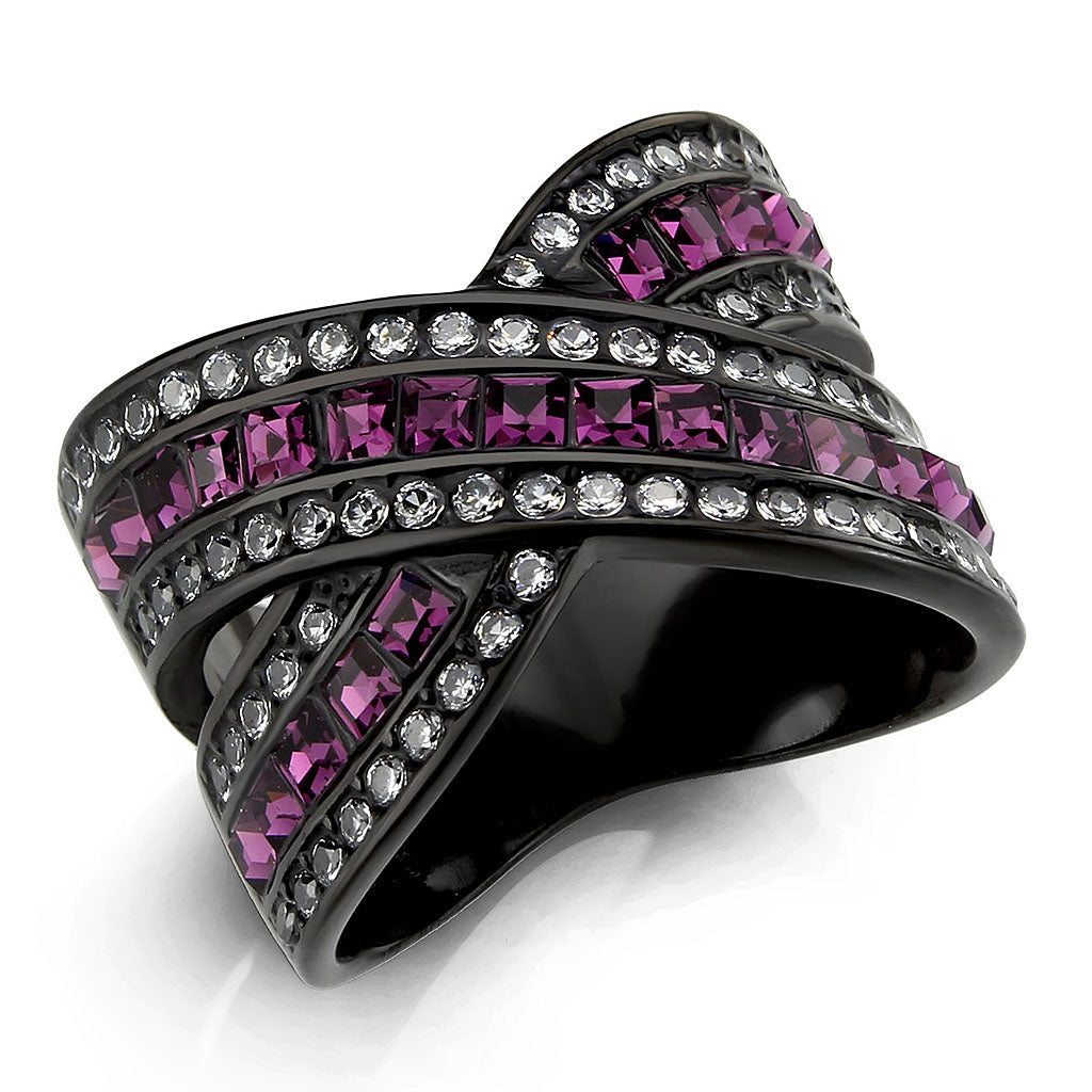 IP Black (Ion Plating) Stainless Steel Ring with Top Grade Crystal in Amethyst