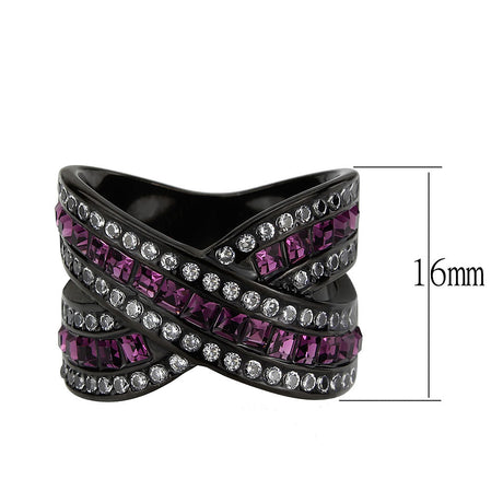 IP Black (Ion Plating) Stainless Steel Ring with Top Grade Crystal in Amethyst