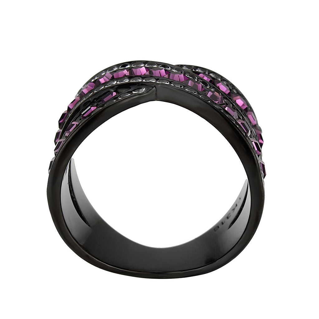 IP Black (Ion Plating) Stainless Steel Ring with Top Grade Crystal in Amethyst