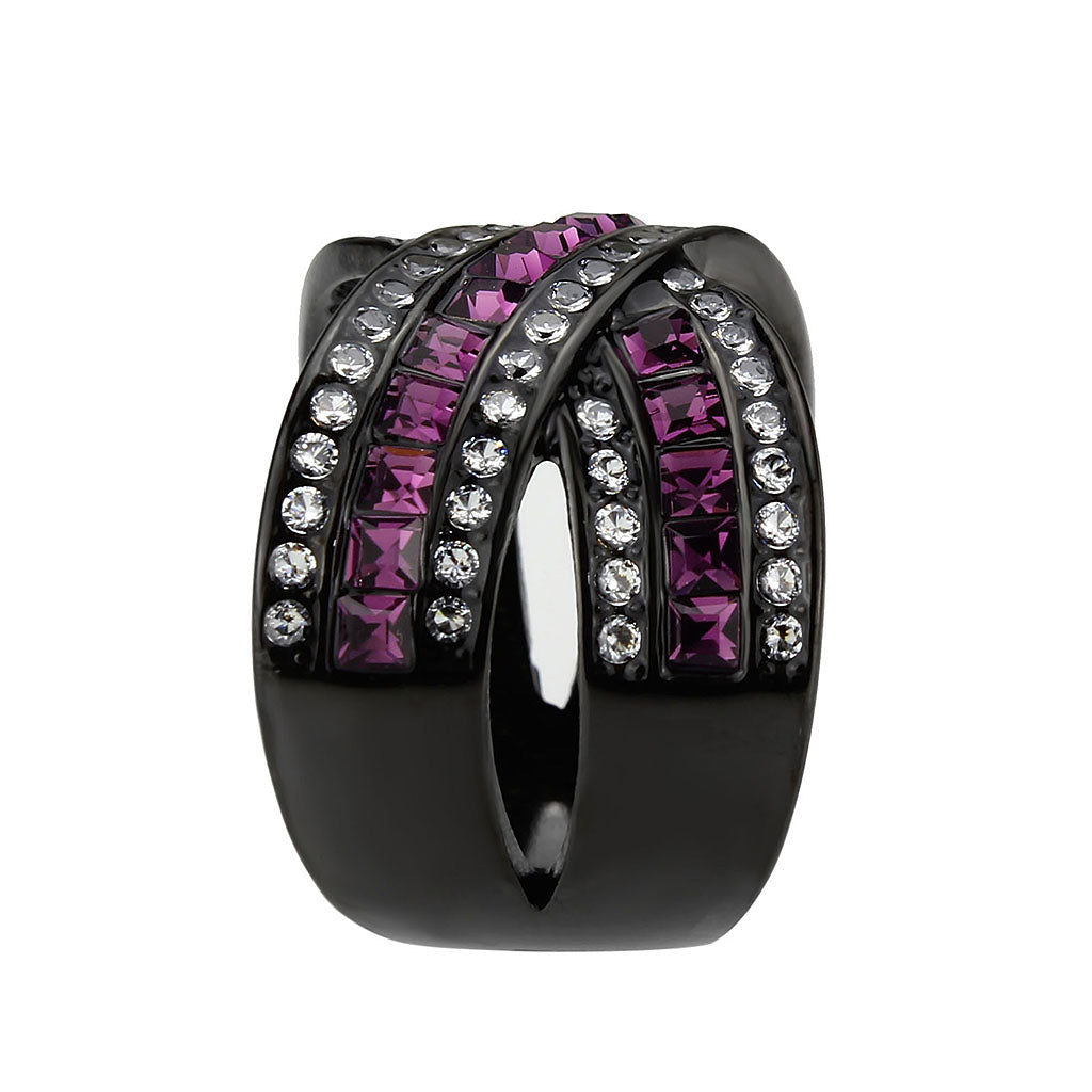 IP Black (Ion Plating) Stainless Steel Ring with Top Grade Crystal in Amethyst