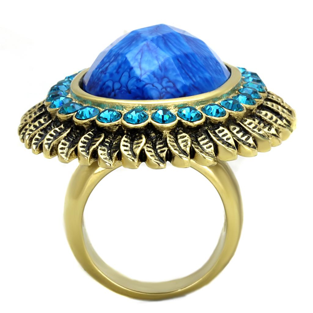 IP Gold(Ion Plating) Stainless Steel Ring with Synthetic Synthetic Stone in Sea Blue