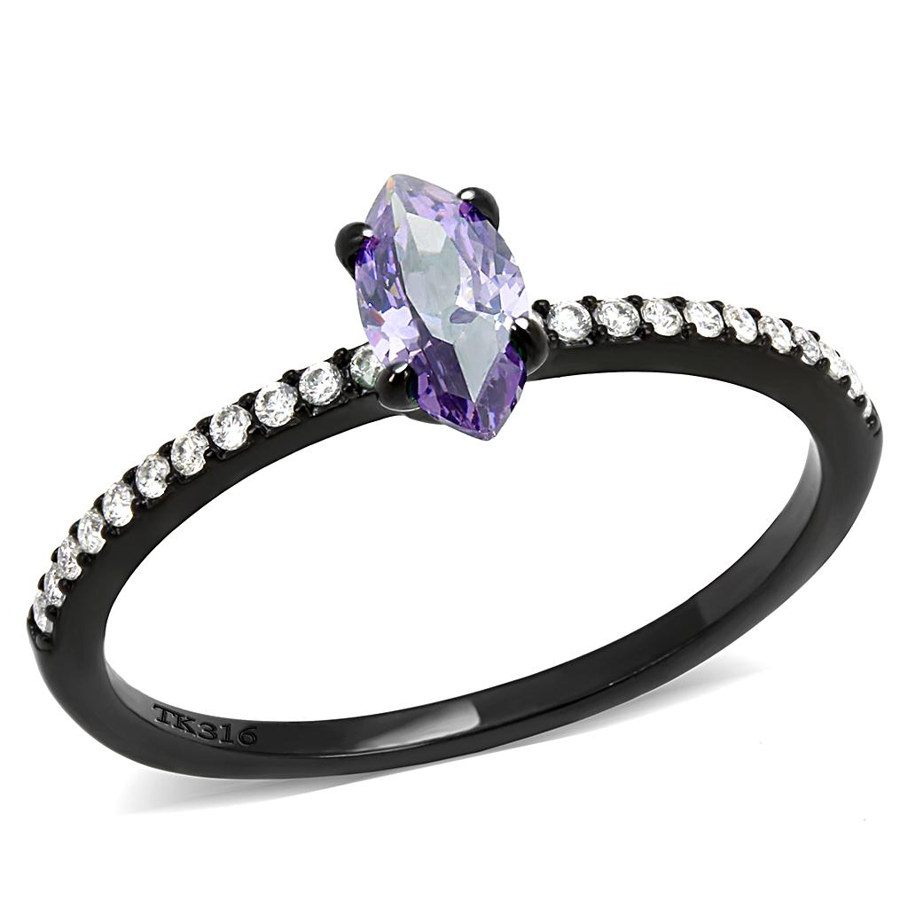 IP Black(Ion Plating) Stainless Steel Ring with AAA Grade CZ  in Amethyst