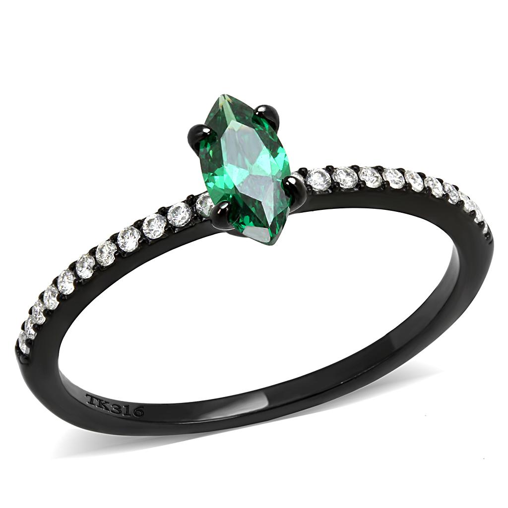IP Black(Ion Plating) Stainless Steel Ring with AAA Grade CZ  in Emerald