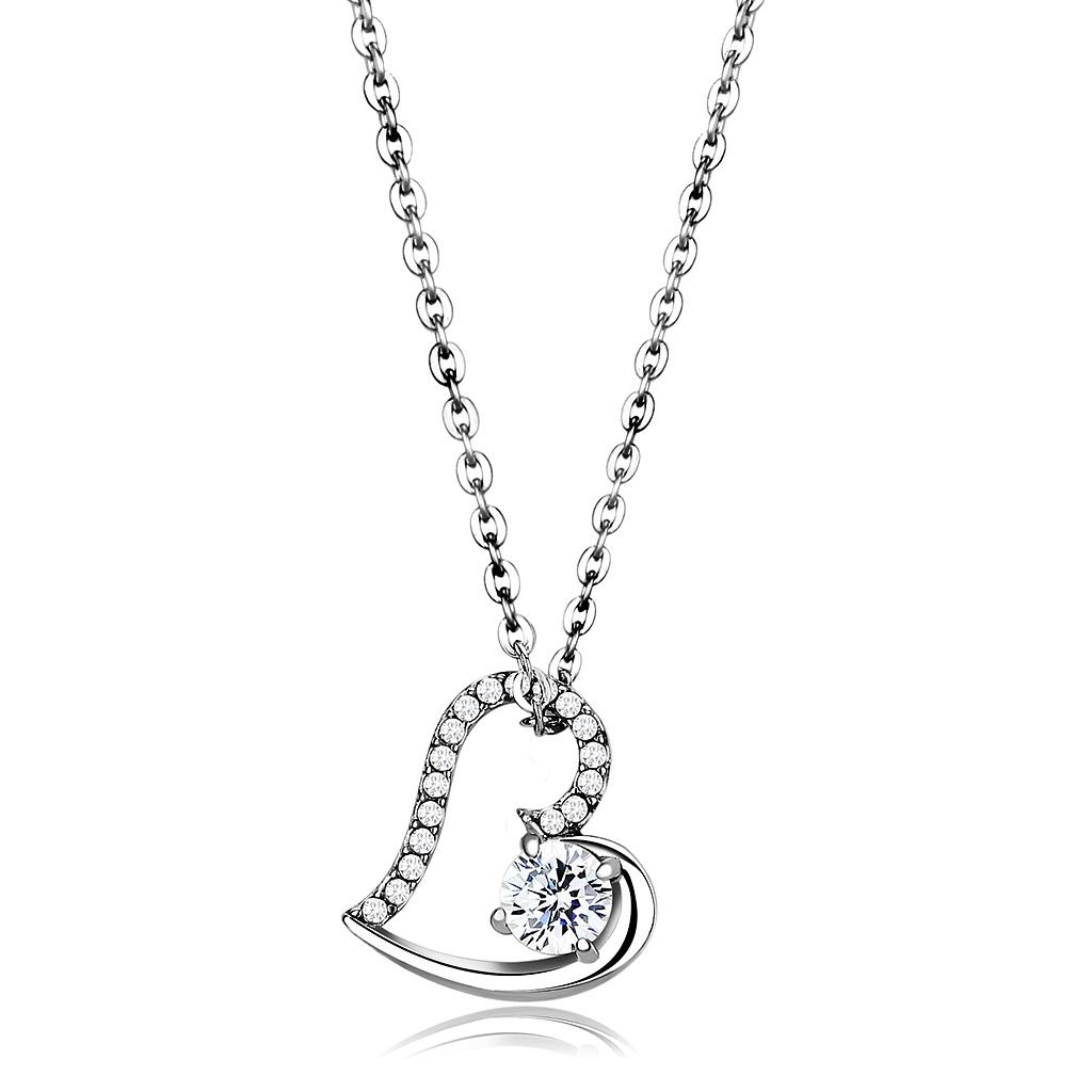 High polished (no plating) Stainless Steel Chain Pendant with AAA Grade CZ  in Clear