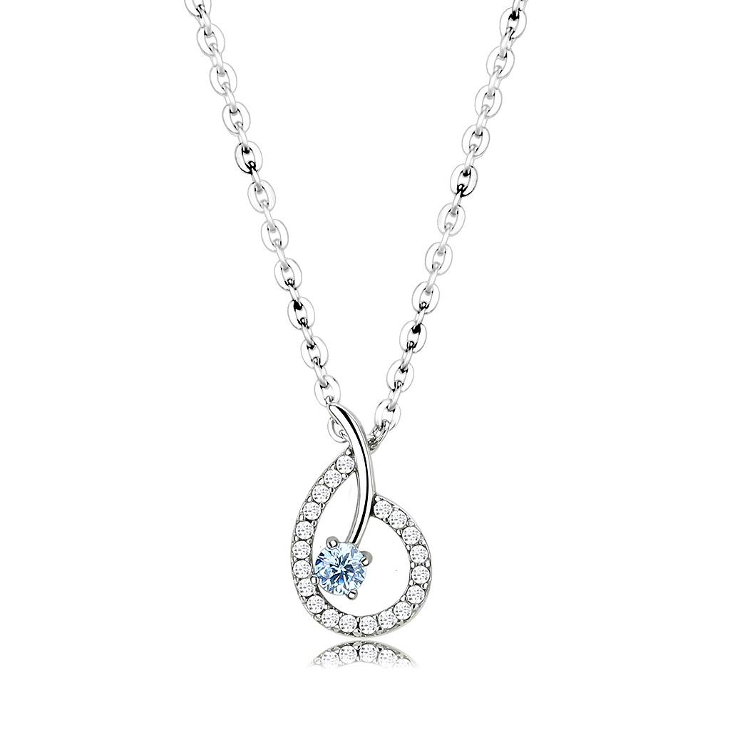 High polished (no plating) Stainless Steel Chain Pendant with AAA Grade CZ  in Sea Blue