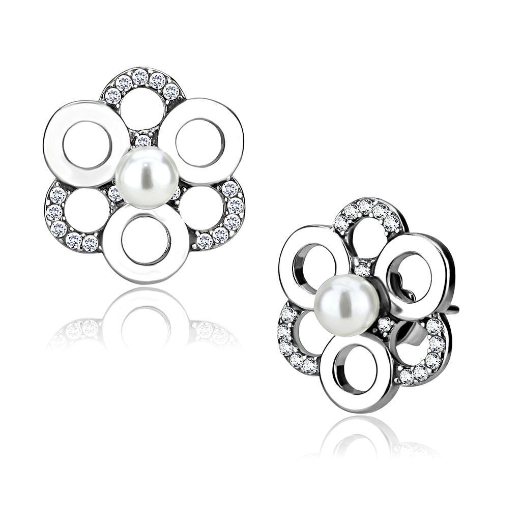 High polished (no plating) Stainless Steel Earrings with Synthetic Pearl in White
