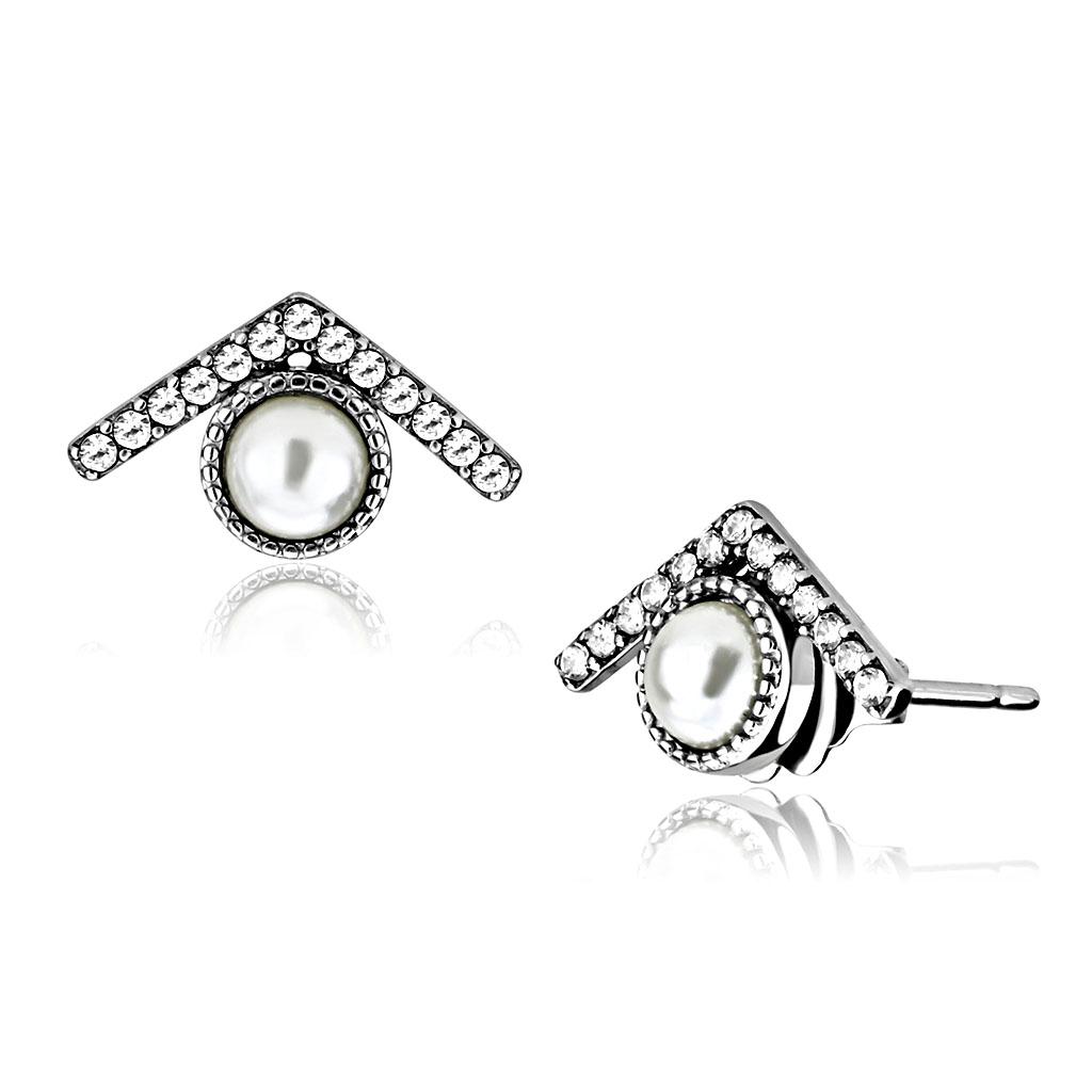 High polished (no plating) Stainless Steel Earrings with Synthetic Pearl in White