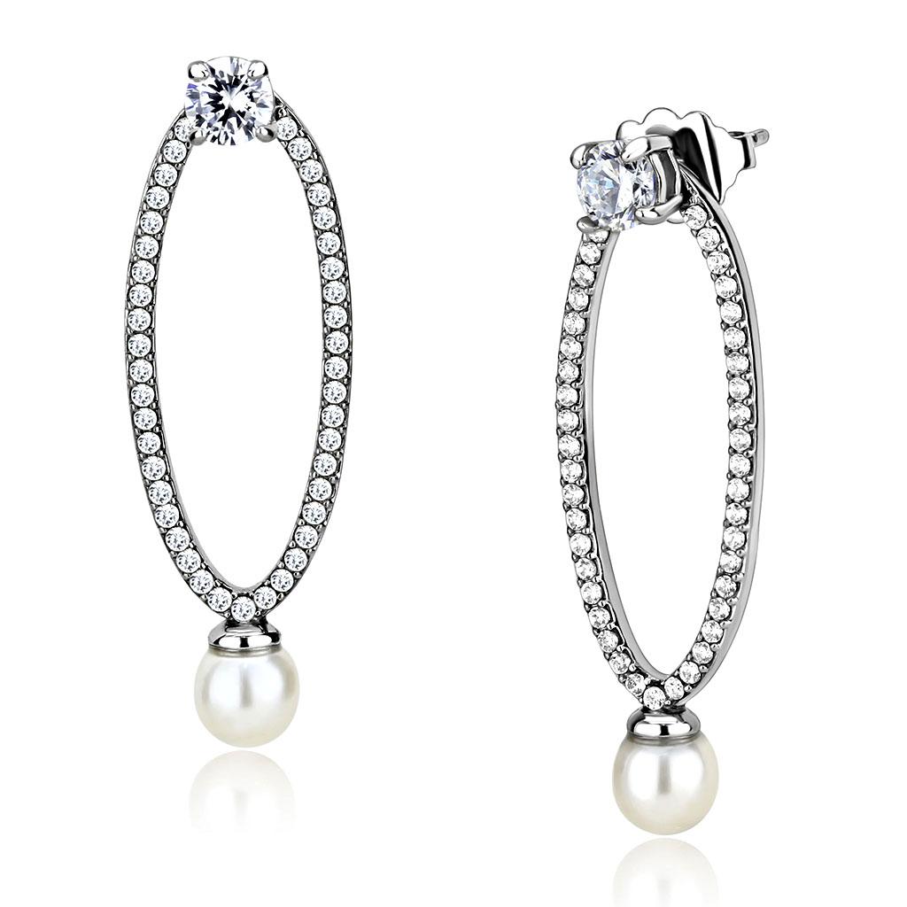 High polished (no plating) Stainless Steel Earrings with Synthetic Pearl in White